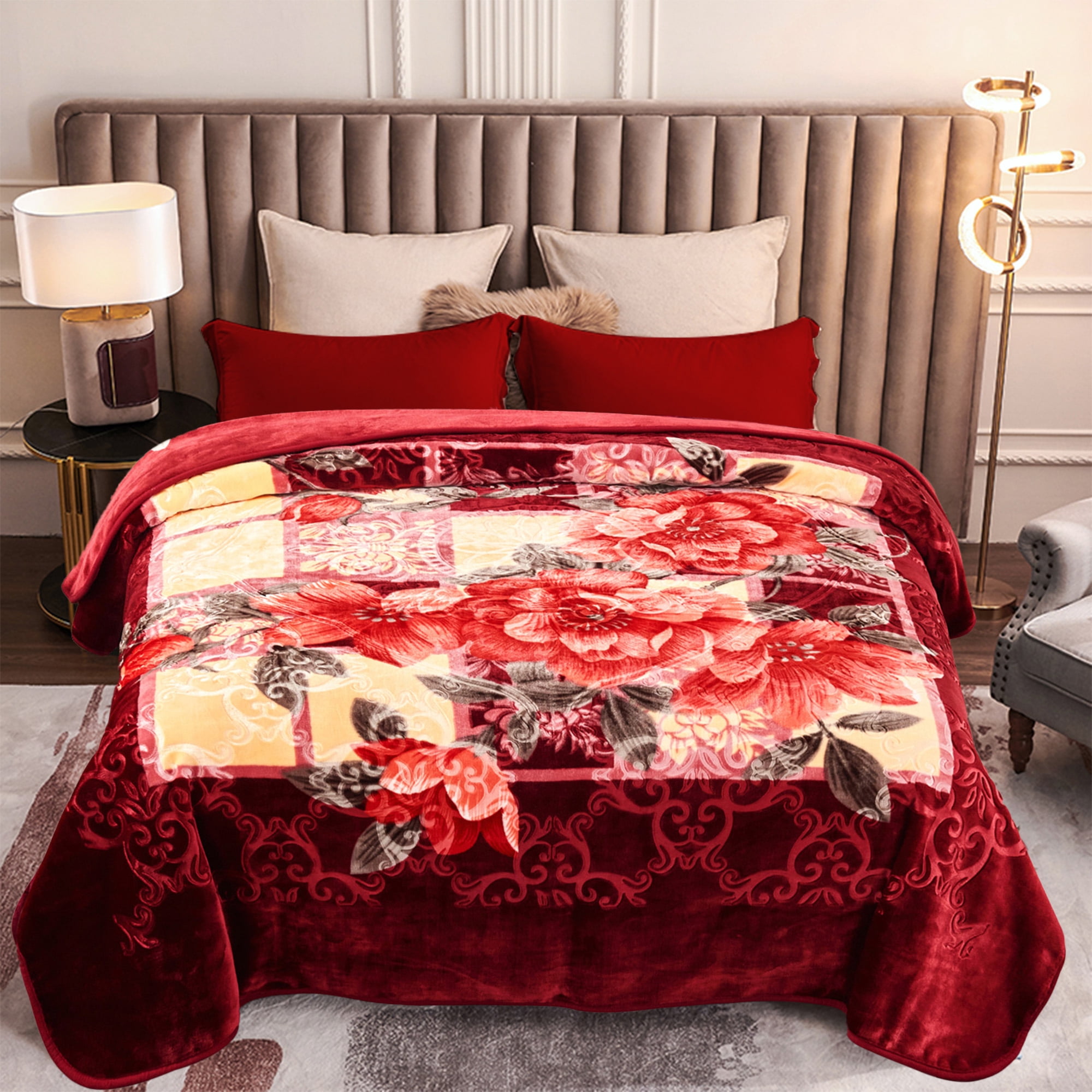 Heavy Thick Fleece Blanket King Size, 9lbs,1 Ply Silky Soft Warm Flower Embossed Raschel Winter Blanket, Minky Soft Plush Blanket for Sofa Bed, 85"x95", Burgundy Floral
