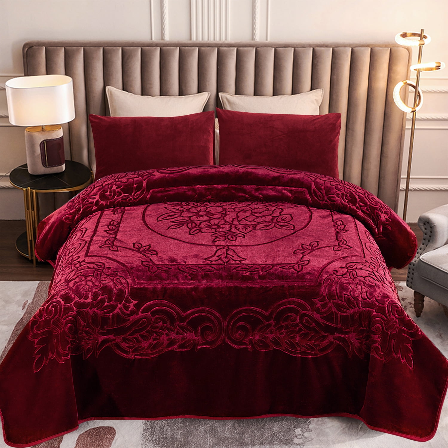 Heavy Thick Fleece Blanket King Size, 9lbs,1 Ply Silky Soft Warm Flower Embossed Raschel Winter Blanket, Minky Soft Plush Blanket for Sofa Bed, 85"x95", Burgundy