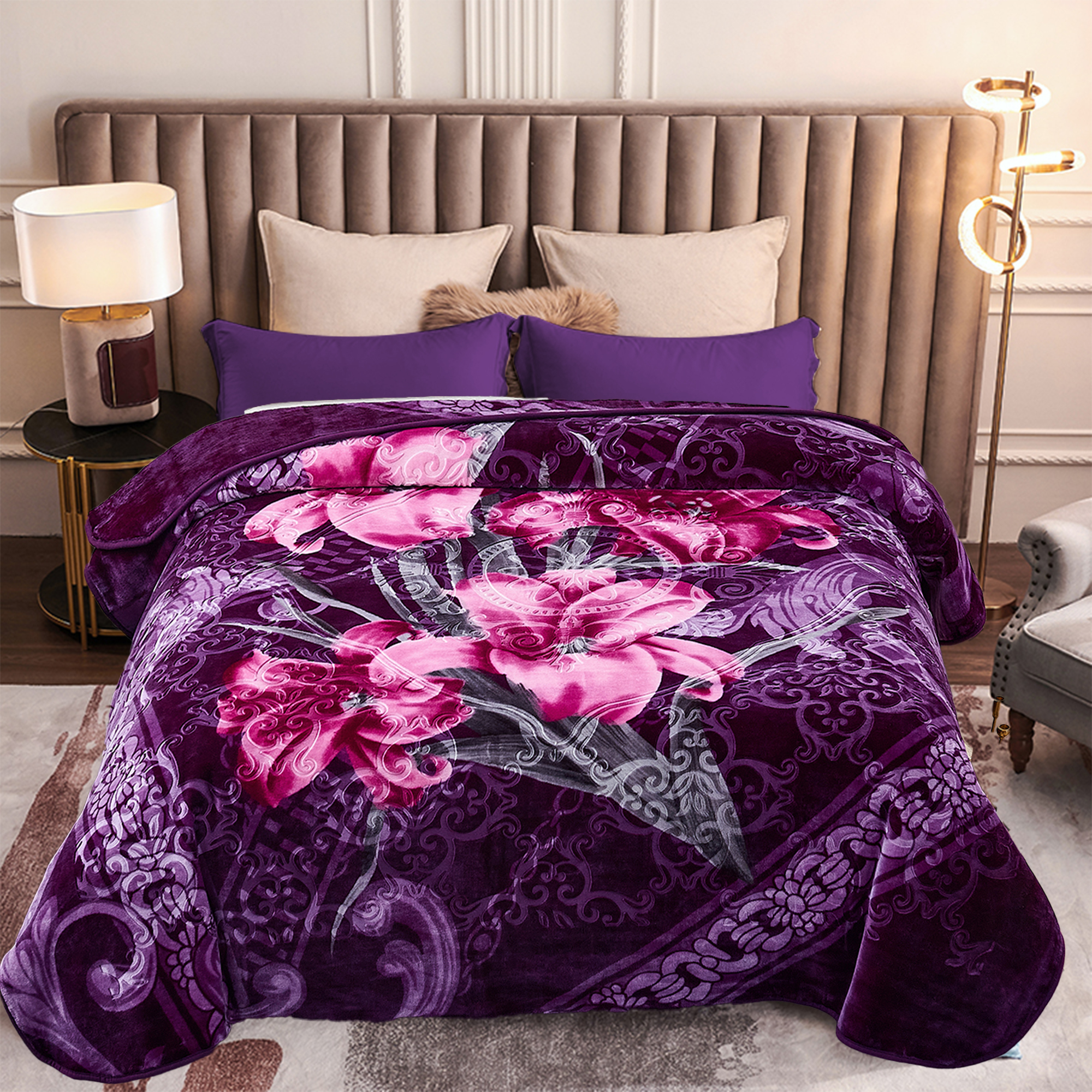 Heavy Thick Fleece Blanket King Size, 9lbs,1 Ply Silky Soft Warm Flower Embossed Raschel Winter Blanket, Minky Soft Plush Blanket for Sofa Bed, 85"x95", Dark Purple Floral