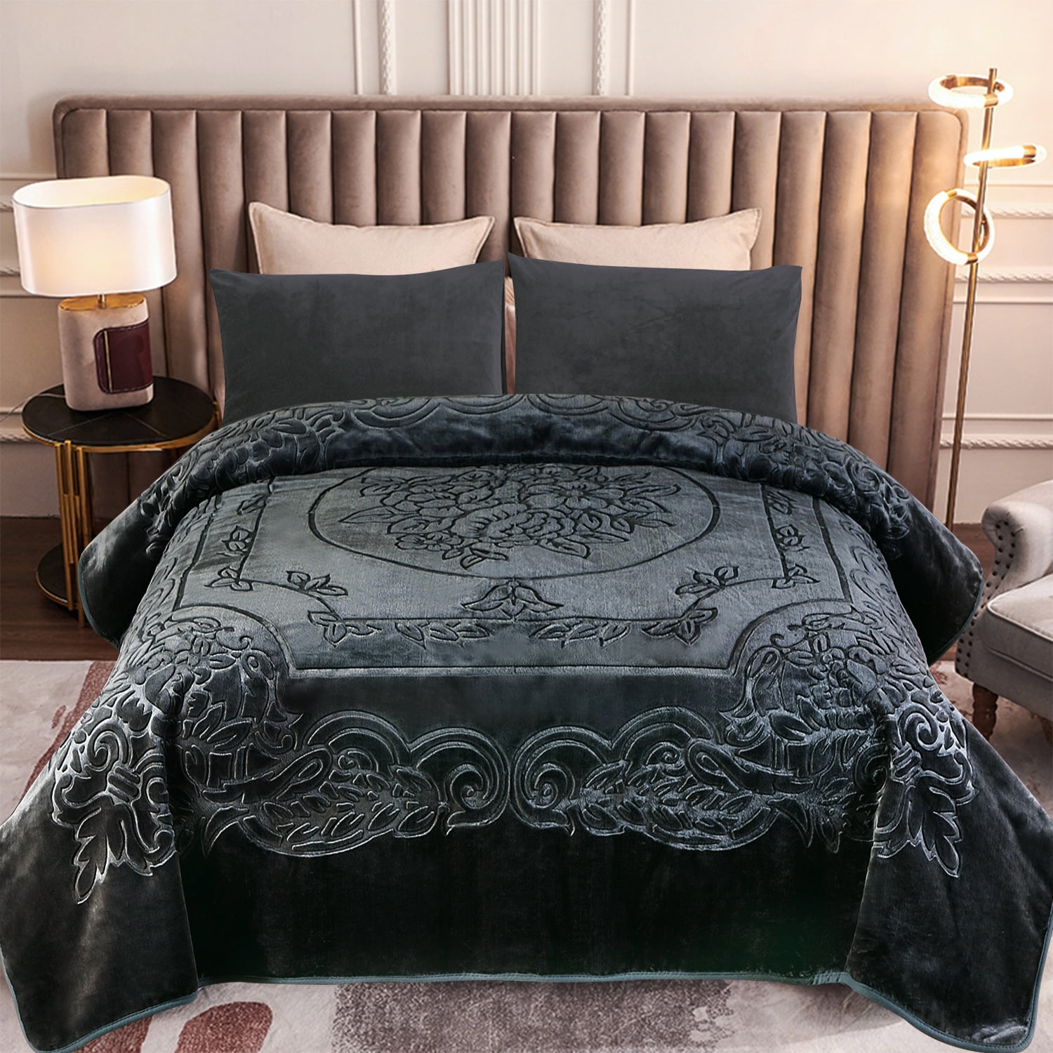 Heavy Thick Fleece Blanket King Size, 9lbs,1 Ply Silky Soft Warm Flower Embossed Raschel Winter Blanket, Minky Soft Plush Blanket for Sofa Bed, 85"x95", Dark Gray