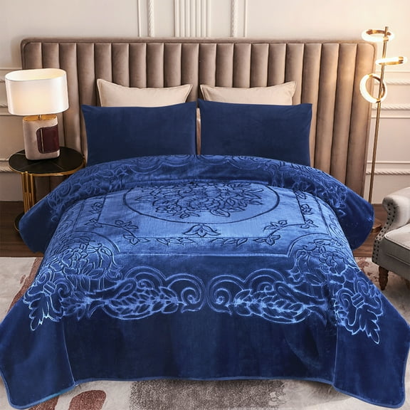 Heavy Thick Fleece Blanket King Size, 9lbs,1 Ply Silky Soft Warm Flower Embossed Raschel Winter Blanket, Minky Soft Plush Blanket for Sofa Bed, 85"x95", Navy Blue