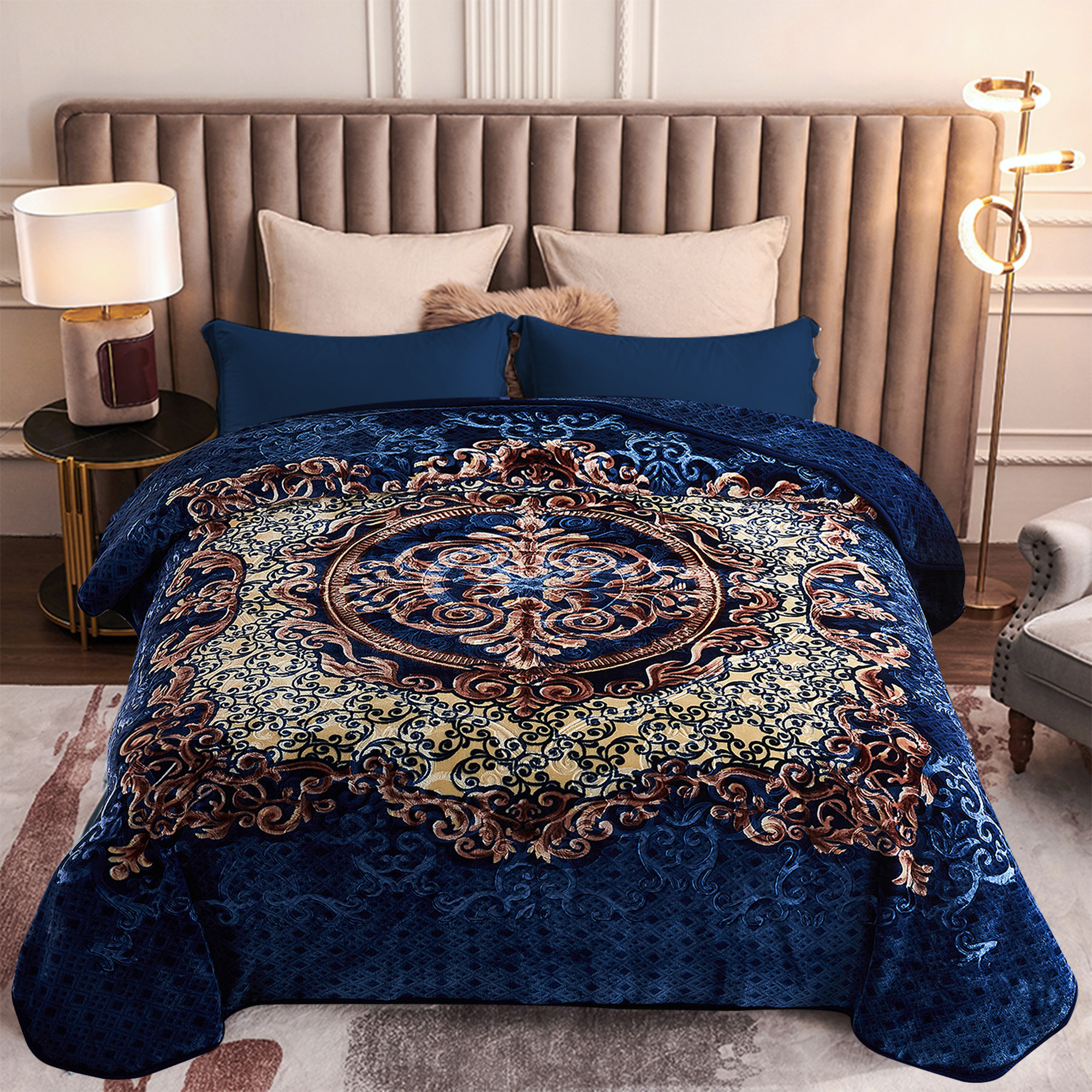 Heavy Thick Fleece Blanket King Size, 9lbs,1 Ply Silky Soft Warm Flower Embossed Raschel Winter Blanket, Minky Soft Plush Blanket for Sofa Bed, 85"x95", Navy Blue