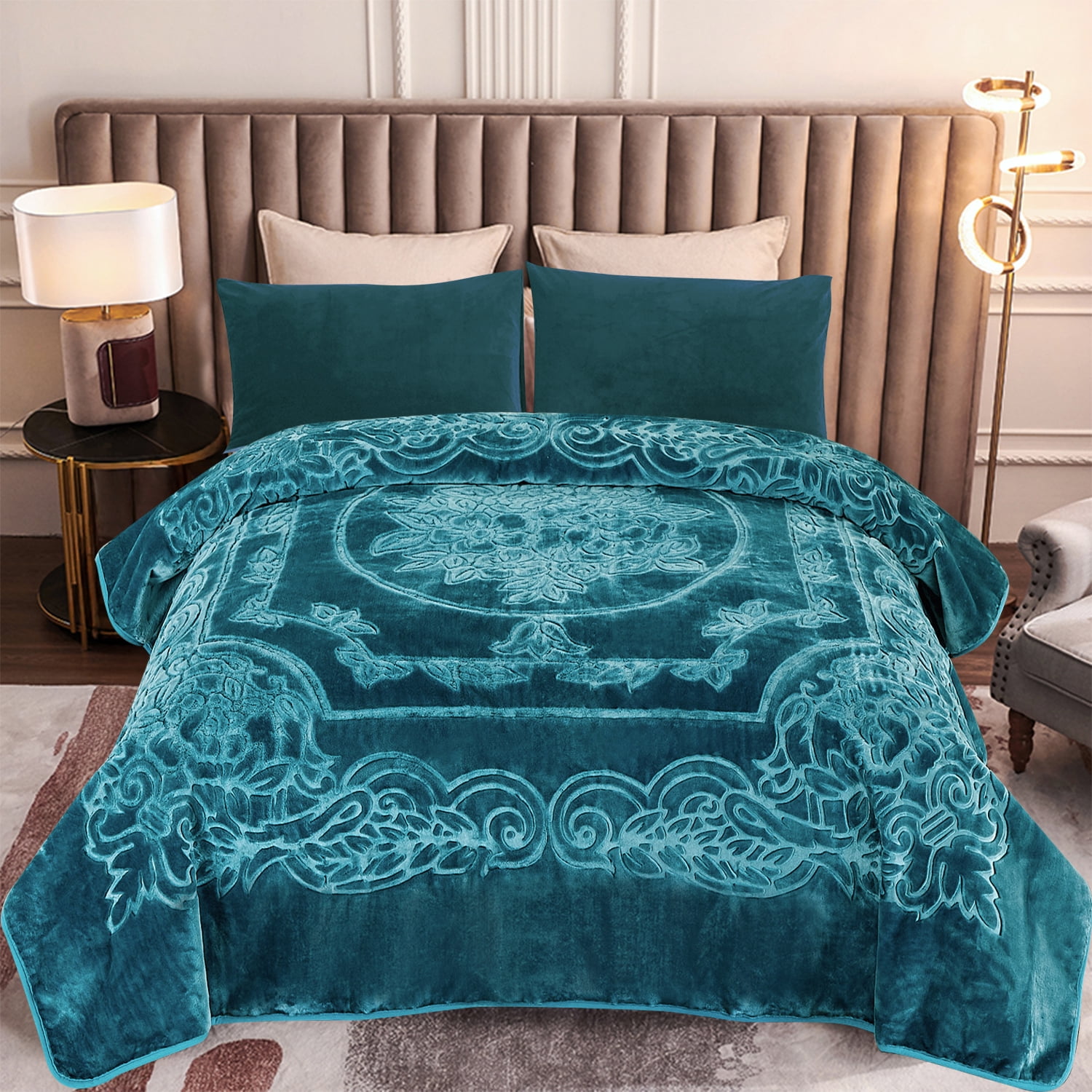 Heavy Thick Fleece Blanket King Size, 9lbs,1 Ply Silky Soft Warm Flower Embossed Raschel Winter Blanket, Minky Soft Plush Blanket for Sofa Bed, 85"x95", Teal