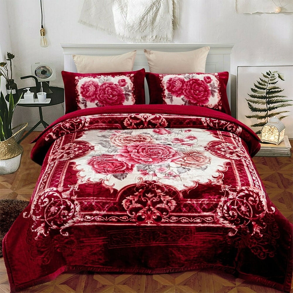 Heavy Thick Warm Sherpa Comforter Set Shams Queen Burgundy Floral