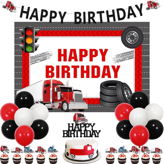Heavy Truck Birthday Party Decorations Semi Truck Happy Birthday Backdrop Duty Track Banner Construction Party Decor with Track Cake Decor for Transportation Vehicle