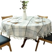 Heavy Weight Cotton Linen Tablecloth, Plaid Tassel Round Table Cover for Kitchen Dining Room Tabletop Decorations, Round - 48", Beige