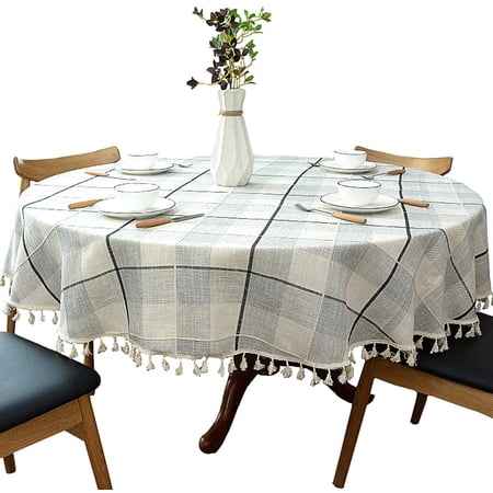 Heavy Weight Cotton Linen Tablecloth, Plaid Tassel Round Table Cover for Kitchen Dining Room Tabletop Decorations, Round - 70", Beige