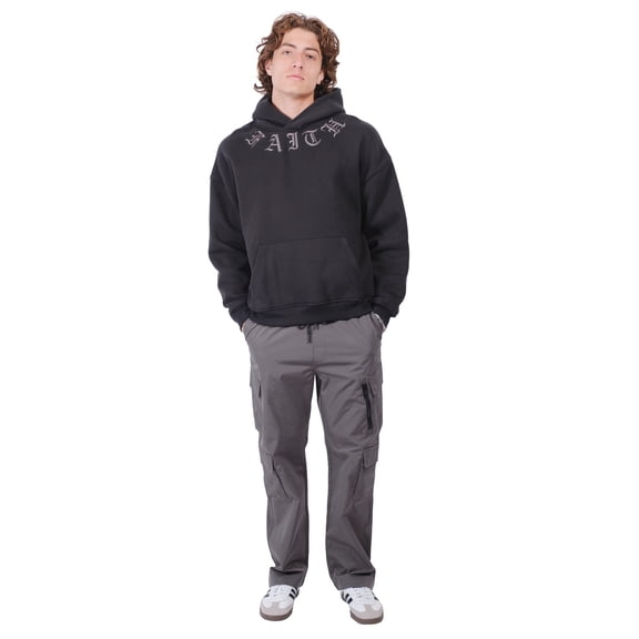 Brooklyn Cloth Heavy Weight Faith Fleece Hoodie, Oversized Fit, Gothic Graphic & Flames, Black, Medium