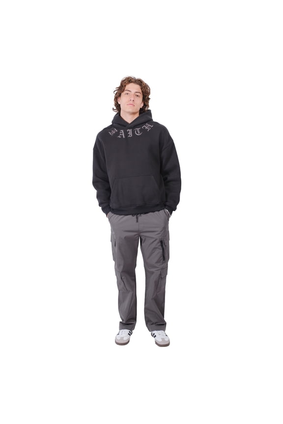 Heavyweight Faith Fleece Hoodie, Gothic Graphic Flame Sleeves, Black, Large