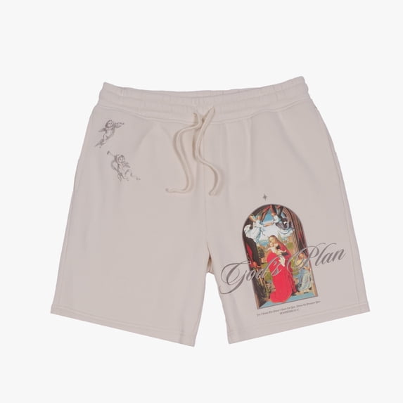 Brooklyn Cloth Men's Heavy Weight Gods Plan Fleece Shorts, Ultra Soft, Streetwear Graphic, Cream, Medium