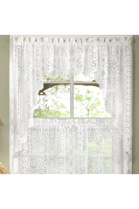 Heavy White Lace Kitchen Curtain Choice of Tier Valance or Swag