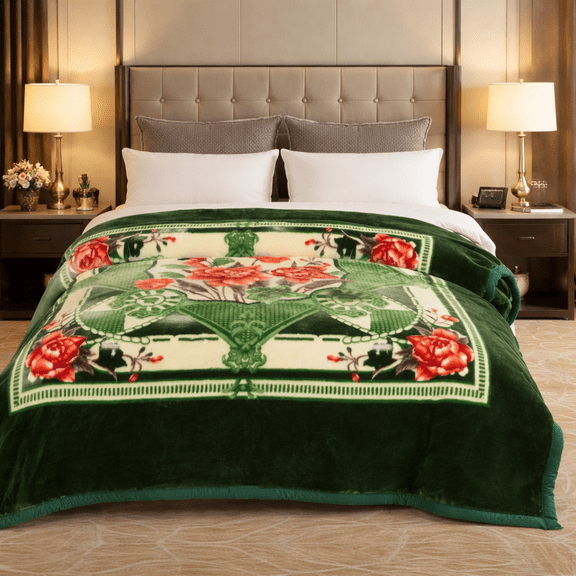 Heavy Winter Blanket King Size  Korean Mink Raschel Fleece, 2-Ply Reversible, 12 lb Thick Plush Bed Cover, Ultra Soft & Warm (Organic/Green)