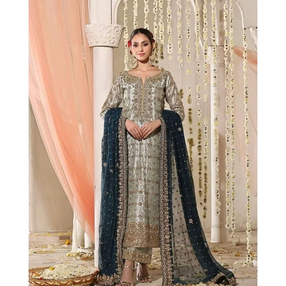 Heavy Work Reception Wedding Wear Top Bottom Dupatta Set