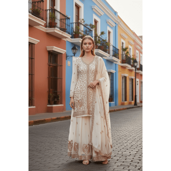 Heavy Work Russian Plazo Dress, Cultural Wear for Women
