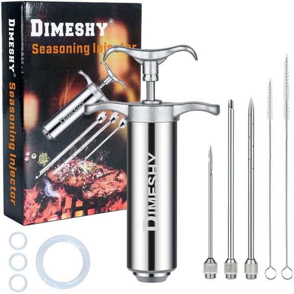 Heavy duty 304 Stainless Steel Meat Injector Kit with 2-oz Large Capacity Barrel with 3 commercial Marinade Needles