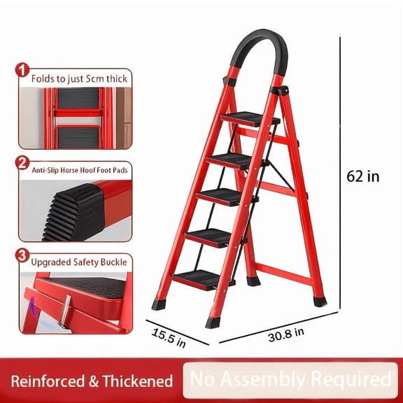 Heavy-duty 5-step folding ladder, 330-pound high-load capacity telescopic portable foldable ladder withsafety handrails, anti-tip stool-style design, sturdy and durable, suitable for home use