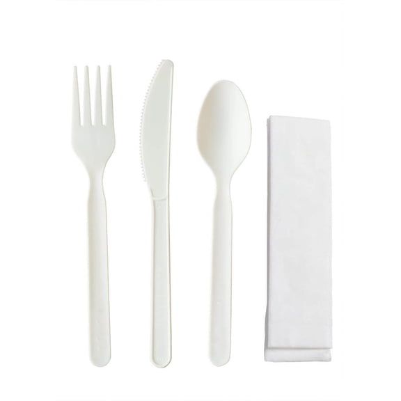 Heavy-duty Compostable Cutlery Kits, 200 Sets (Fork, Spoon, Knife, Napkin 4 in 1) Individually Wrapped With Compostable Bags, Alternative to Plastic Disposable Utensils