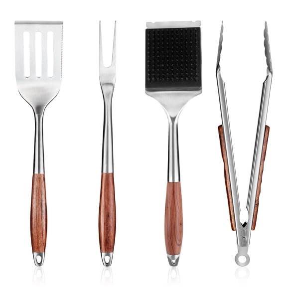 Heavy-duty Grilling Accessories Rose Wooden Bbq Tools Set Outdoor Grill With Spatula Brush & Tongs For Barbecue Grill. Ideal Gift Men