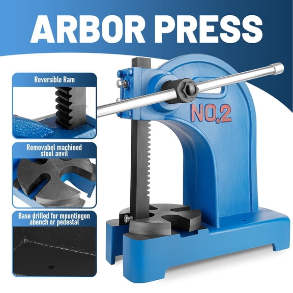 Heavy-duty Manual Arbor Press, Desktop Arbor Press with 4-Hole Steel Anvil, 2 Ton Manual Press Machine with Reversible Ram for Shaping