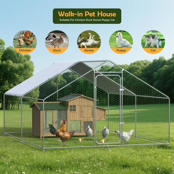Heavy-duty Metal Chicken Coop For 20 Chickens - 9.8'x13.12' Walk-in Run With Galvanized Steel Frame & Weatherproof Pe Cover - Escape-proof Poultry Cage For Hen, Duck, Rabbit & More