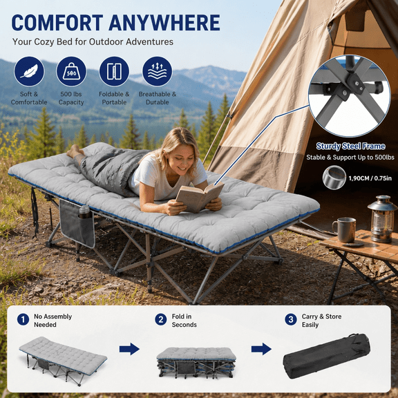 Heavy-duty Portable Folding Bed for Adults, 400LBS/700LBS Ultra-High Load Capacity, Sturdy Metal Frame withComfortable Mattress, No Assembly Required, Instant Setup, Includes Storage Bag, Ideal for O