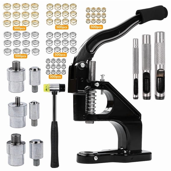 Heavy-duty Punching Machine Kit, Hand-pressed Punching Rivet Setting Tool, For Fabrics, Leather, Banners And DIY Projects, 3 Molds (6mm, 10mm, 12mm) And 3000 Gold And Silver Sealing Rings (Black)