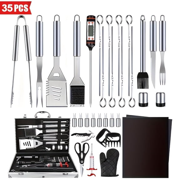 Heavy-duty Stainless Steel BBQ Tool Set with Gloves & Mats, 35pcs Portable Aluminum Case for Outdoor Camping, Kitchen & Barbecue Supplies