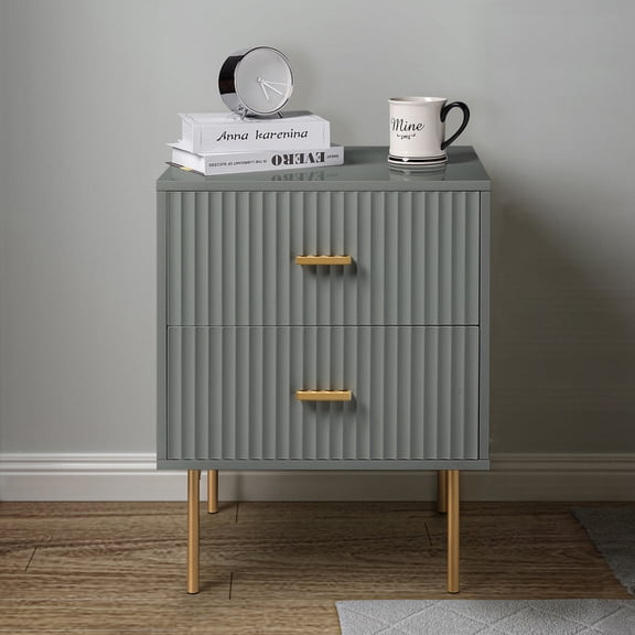 Wooden 2 Drawer Storage End Table Chest Cabinet Table Metal Legs for Home Grey