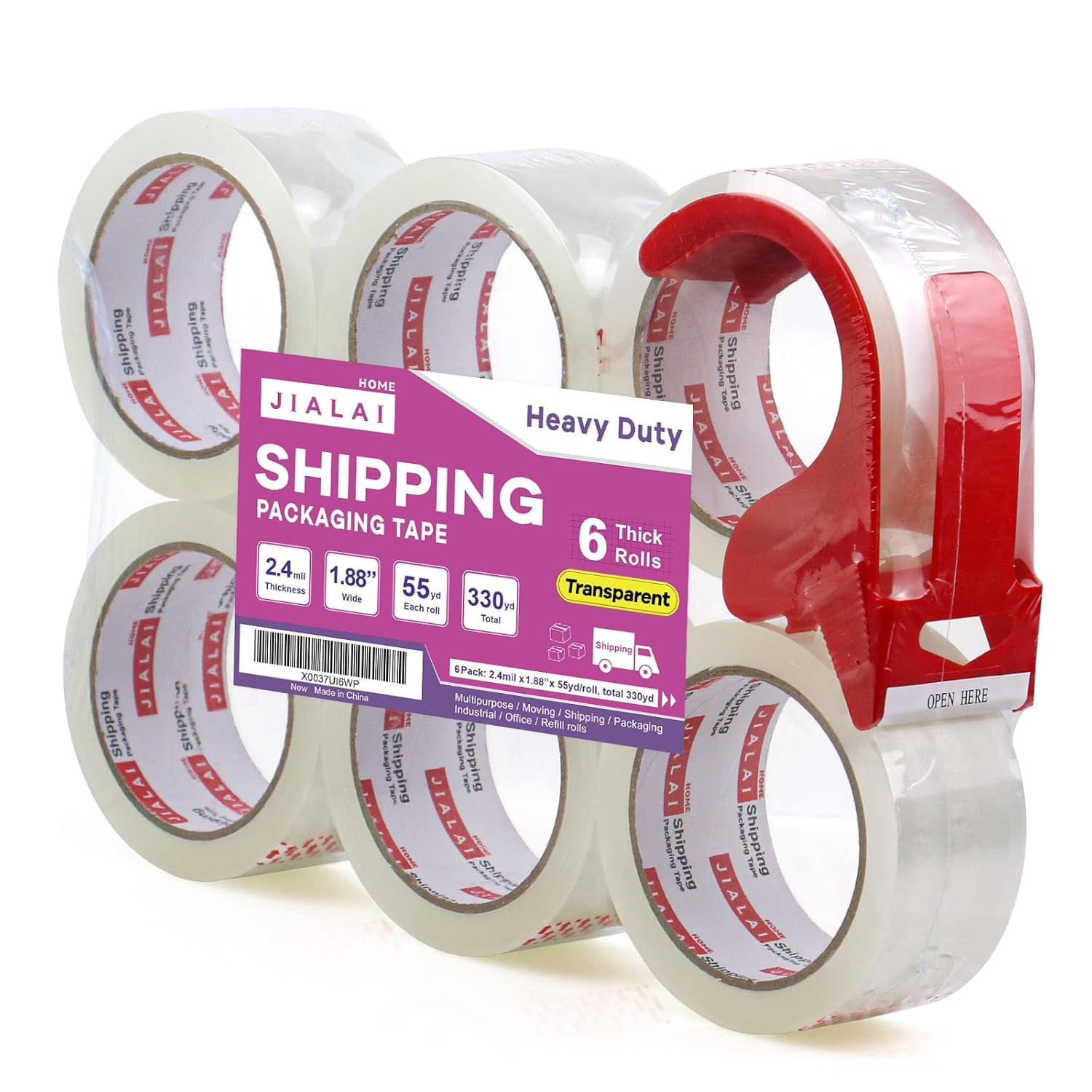 Heavy duty clear packing tape, 6 rolls with dispenser, industrial grade packing tape for transporting moving sealing, each roll 1.88 inches 55 yards.