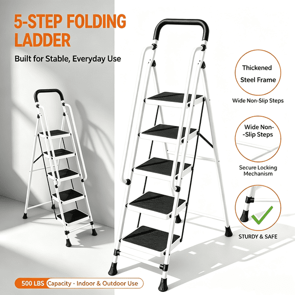 Heavy-duty folding step stool with handrails, level 5, non-slip steps, lightweight and portable, space-saving foldable design. Suitable for home, garage, office, library, ideal for adults and heavy l