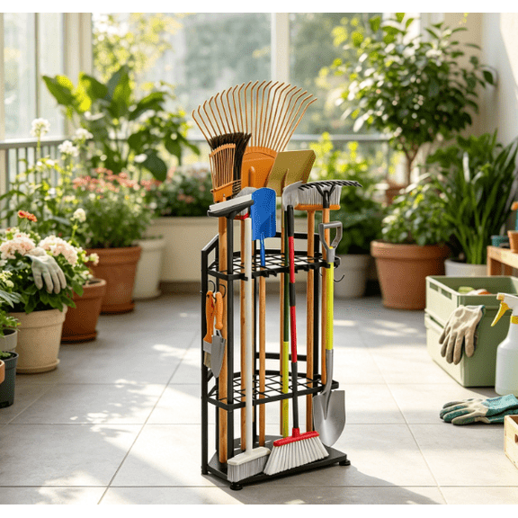 Heavy-duty freestanding 3-tier metal garden tool rack with 14 hooks & 5 slots, stores over 50 rakes, shovels and brooms for garage, shed and outdoor storage
