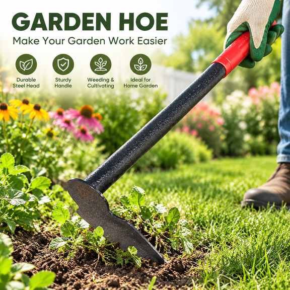 Heavy-duty garden hand hoe, made of all-steel material, suitable as a weeding and digging tool for gardening and landscape greening operations