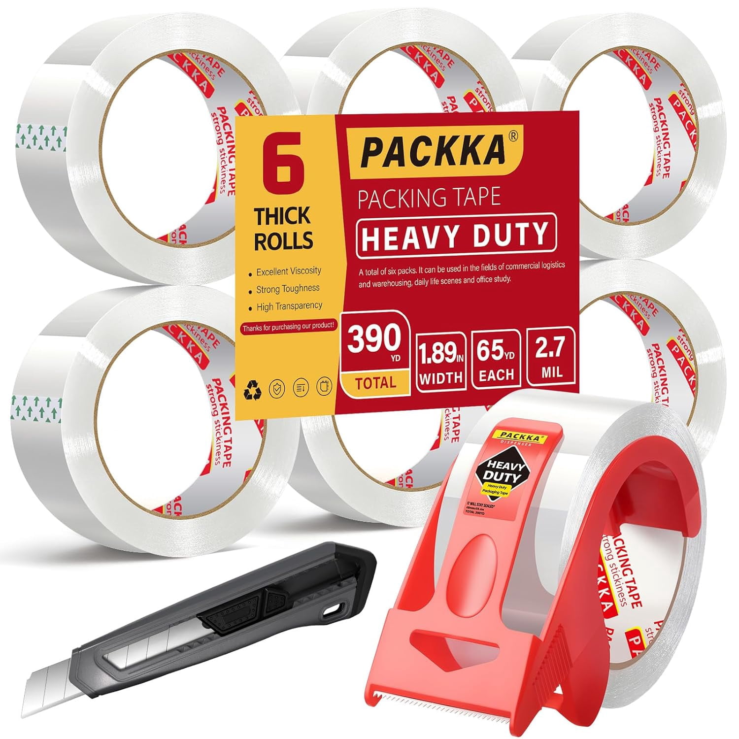 Heavy duty packing tape for moving boxes and packaging supplies, total 390 yards, 6 rolls transparent moving tape with tape dispenser and utility knife, 1.89 inches 65 yards, mailing and moving suppl