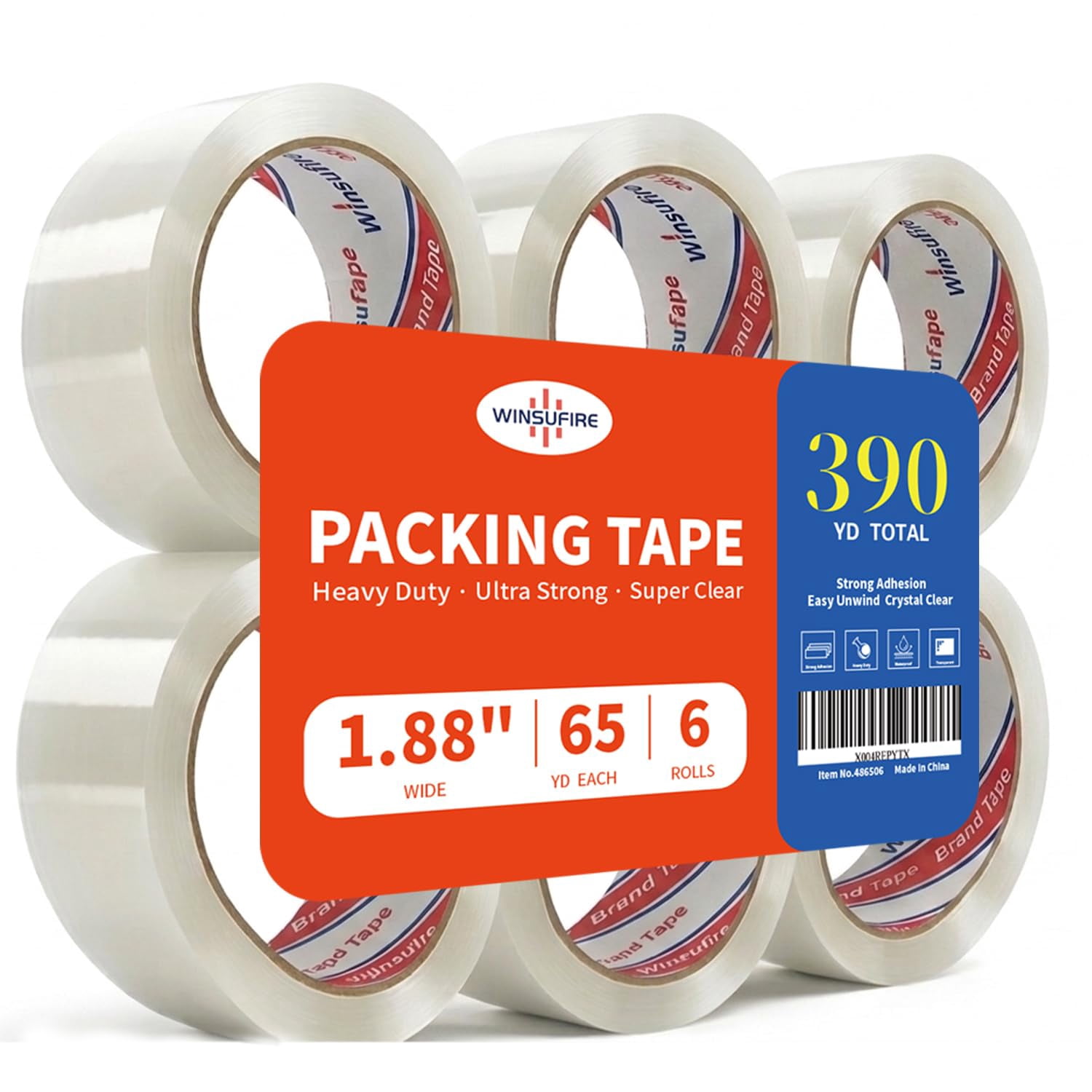 Heavy-duty packing tape, for transportation, moving, and box sealing, transparent packing tape, total length 390 yards, 1.88 inch 65 yards, 6 rolls, packing tape