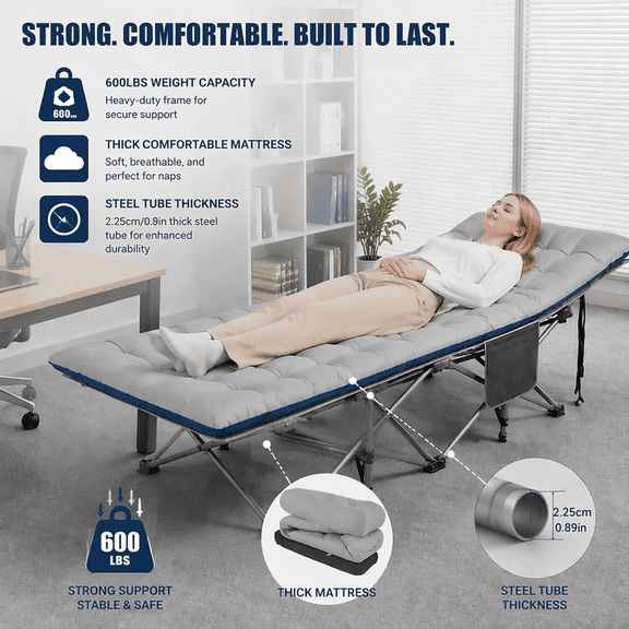 Heavy-duty portable outdoor folding bed, equipped with an extra plushmattress, lightweight frame, and quick-fold design, offering comfort and convenience, perfect for outdoor adventures, camping trip