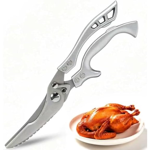 Heavy-duty poultry shears; kitchen shears with non-slip handles and a safety lock; multi-purpose kitchen boning shears; powerful cutting tool suitable for chicken, meat, fish and vegetables (silver)