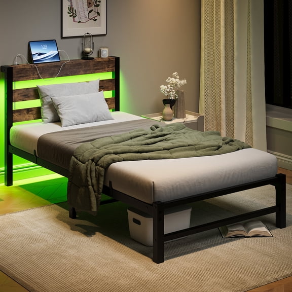 Heavy - duty twin metal bed | USB ports, LED multi - mode, easy to clean under - bed in bedroom