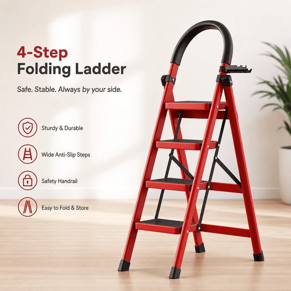 Heavy folding adder, anti slip wide steps, safety lock design, portable ladder for household, garage, office use, easy to store