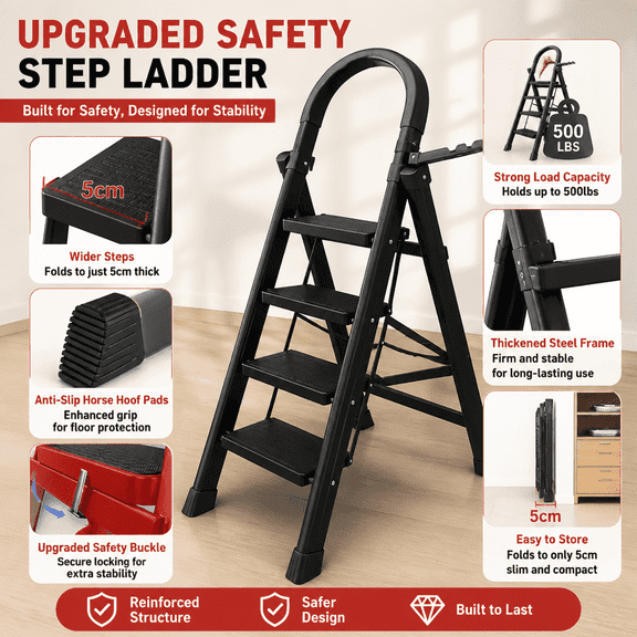 Heavy folding 3/4/5 ladder -500 pound load capacity, anti slip wide steps, safety lock design, portable ladder for household, kitchen, garage, office use, easy to store and stable climbing platform