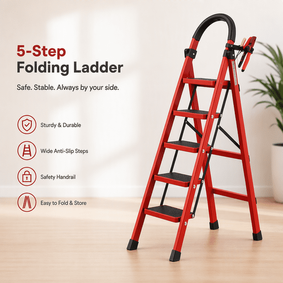 Heavy folding 5step ladder, anti slip wide steps, safety lock design, portable ladder for household, kitchen, garage, office use, easy to store and stable climbing platform