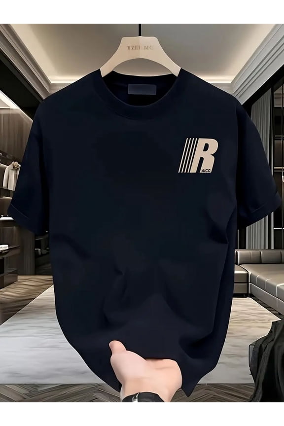 Heavyweight 100% Cotton Oversized Round Neck Short Sleeve T-Shirt - Black with Bold "R" Logo - Casual Streetwear for Men - Machine Washable - All-Season Comfort Fit, Casual Attire