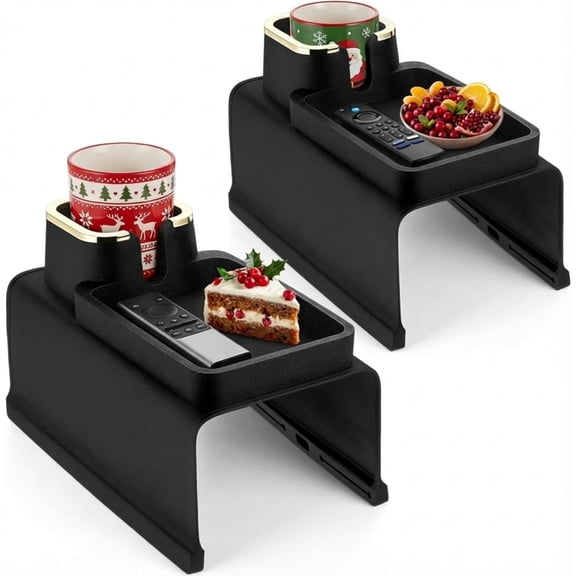 Heavyweight 2-Pack Anti-Spill Sofa Armrest Trays - Silicone Cup Holder & Snack Caddy for Couch, Recliner - Non-Slip Design for Drinks, Remote, Phone (Black)