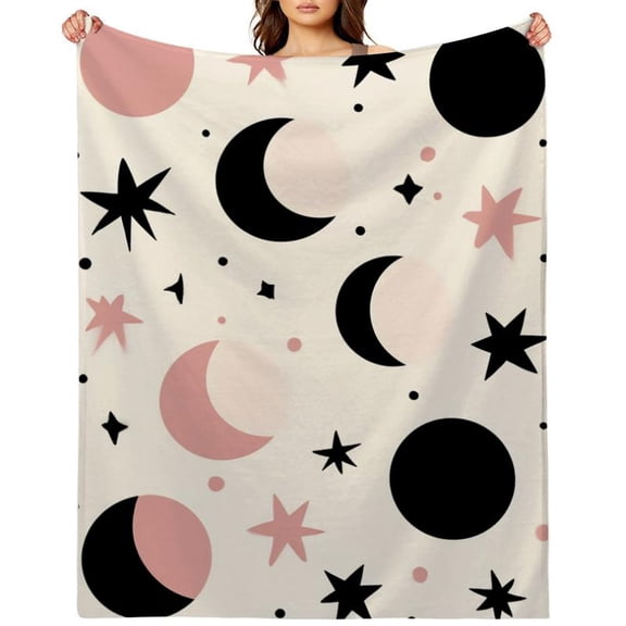 Heavyweight 280GSM Flannel Blanket - Black & Pink Moon Phases All-Season Throw, Luxury Bedspread Sofa Cover, Celestial Home Accent Gift