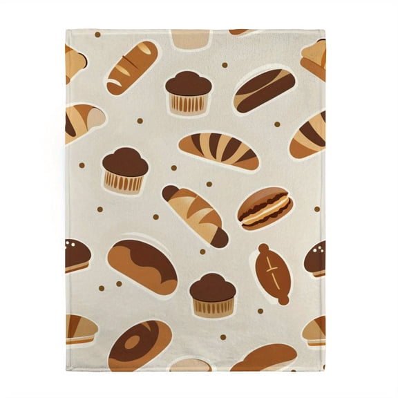 Heavyweight 280GSM Flannel Blanket - Warm Bakery Print Throw with Bread & Pastries, All-Season Beige Brown Cozy Bedspread Sofa Cover, Gift for Bakers