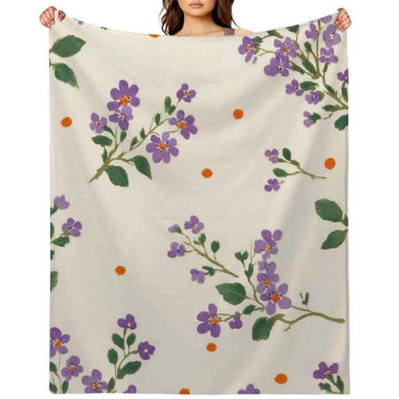 Heavyweight 280GSM Flannel Dorm Blanket - All-Season Soft Throw for Bed, Couch, Wardrobe - Beige, Purple, Green - Space-Saving College & Small Space Essential - Floral Pattern, Plush Snug Wrap