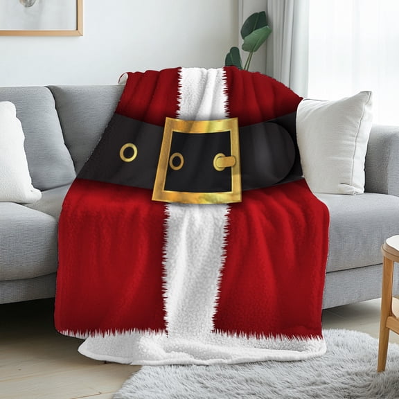 Heavyweight 280GSM Santa Suit Flannel Blanket with Red White Striped Belt & Golden Buckles, Soft Warm Christmas Bedspread for Couch Bed Office, All-Season Holiday Decor