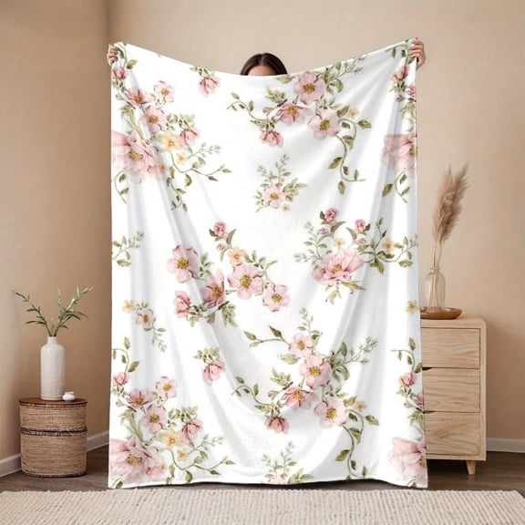 Heavyweight 280gsm Flannel Blanket - Pink Peach Green Botanical Bedspread, Soft Warm All-Season Luxury Bed Cover for Queen King Bed, Couch, Car, Outdoor - Elegant Pink Golden Floral Throw Gift
