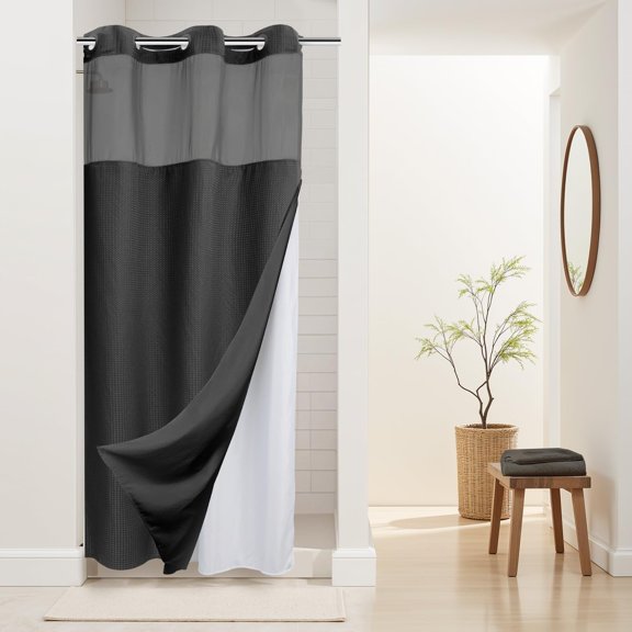 Heavyweight Dotted Waffle Weave Shower Curtain with Snap-in Liner, No Hooks Required, 36W x 74H, Hotel Grade, Spa-Like Bath Curtain, Graphite Grey