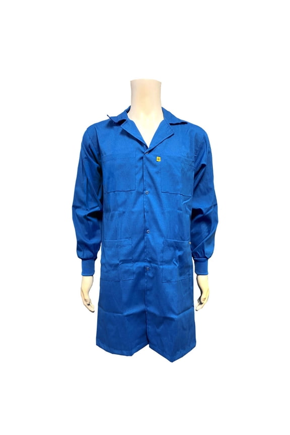 Heavyweight ESD Lab Coat: Cotton Fabric, Lapel Collar, ESD Knit Cuff