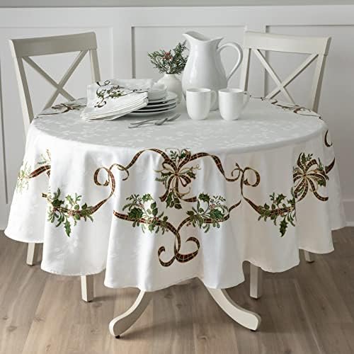 Heavyweight Engineered Printed Jacquard Fabric Christmas Table Cloth, for Holiday, Winter, and Christmas Tablecloth (Merry Ribbons, 70" Round)